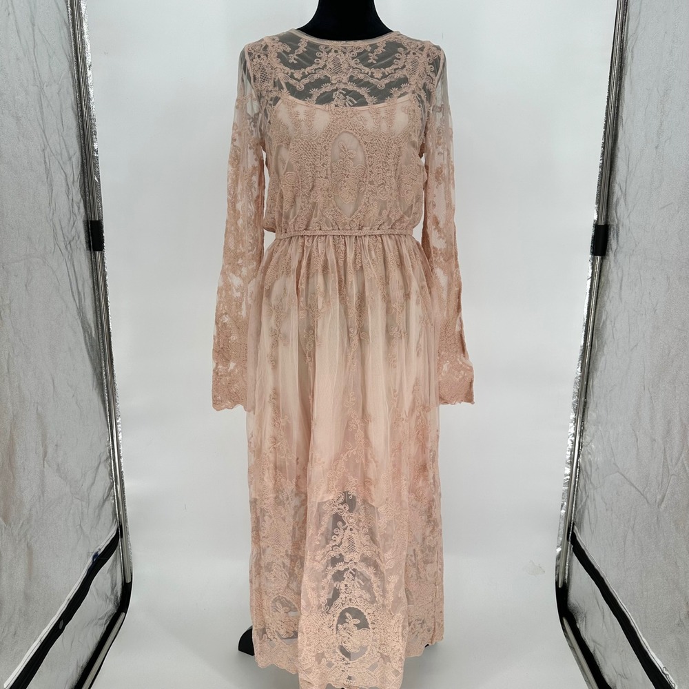 Amy Lynn Nude Beige Mesh Lace Maxi Long Sleeve Dress Neutral Party XL‎ US 10
